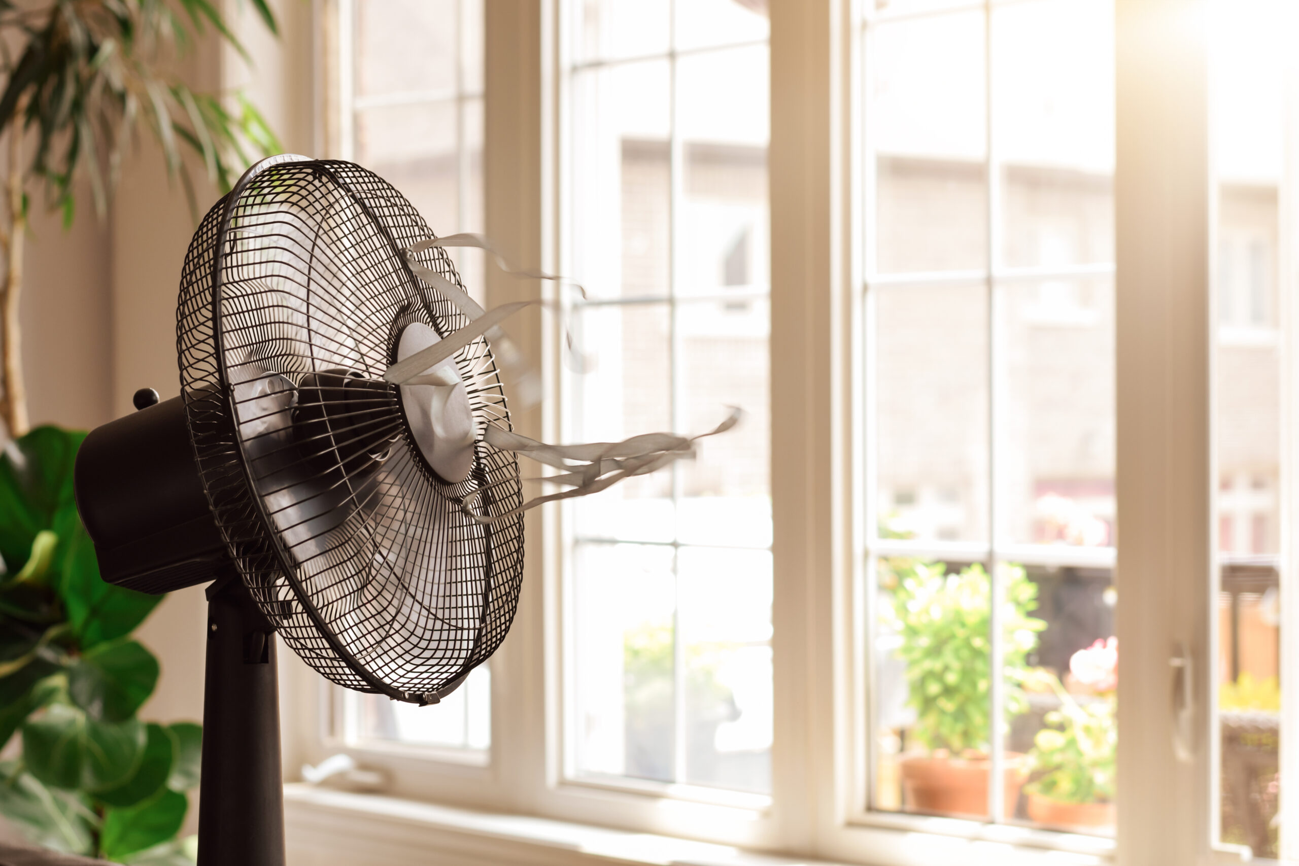 Ein Ventilator mit wehenden Bändern vor einem Fenster zu einem sonnigem Hinterhof